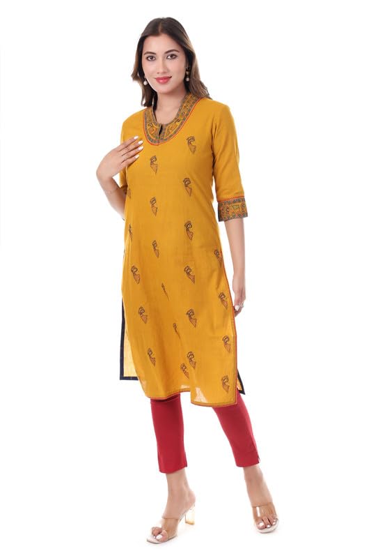 Women's Premium Handcrafted Pure Cotton Kurti with Traditional Madhubani Art – Mustard Yellow Ethnic Wear gallery image