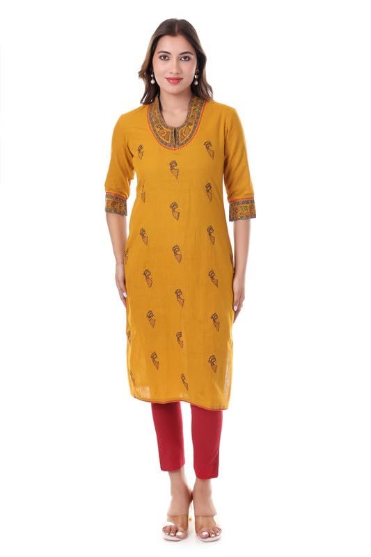 Women's Premium Handcrafted Pure Cotton Kurti with Traditional Madhubani Art – Mustard Yellow Ethnic Wear gallery image