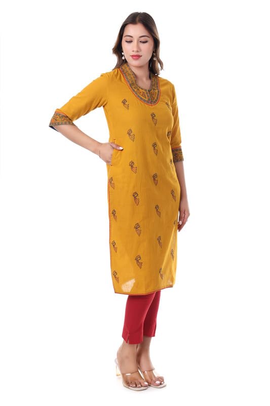 Women's Premium Handcrafted Pure Cotton Kurti with Traditional Madhubani Art – Mustard Yellow Ethnic Wear gallery image