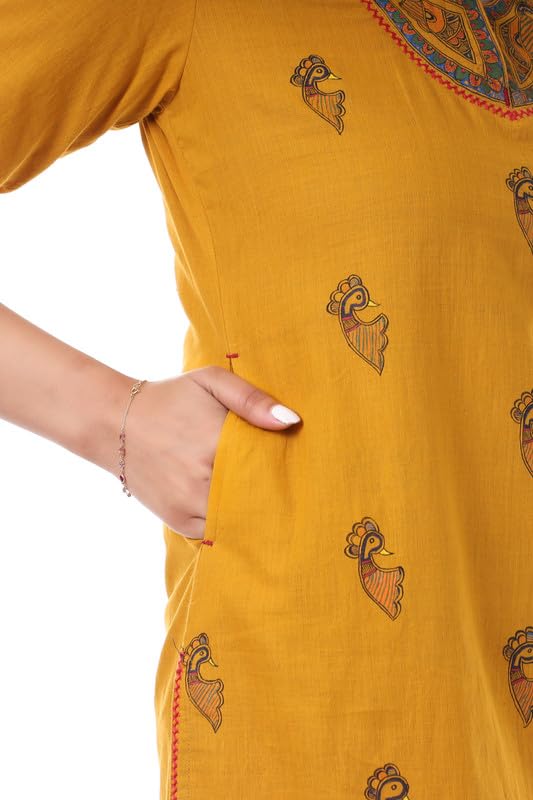 Women's Premium Handcrafted Pure Cotton Kurti with Traditional Madhubani Art – Mustard Yellow Ethnic Wear gallery image
