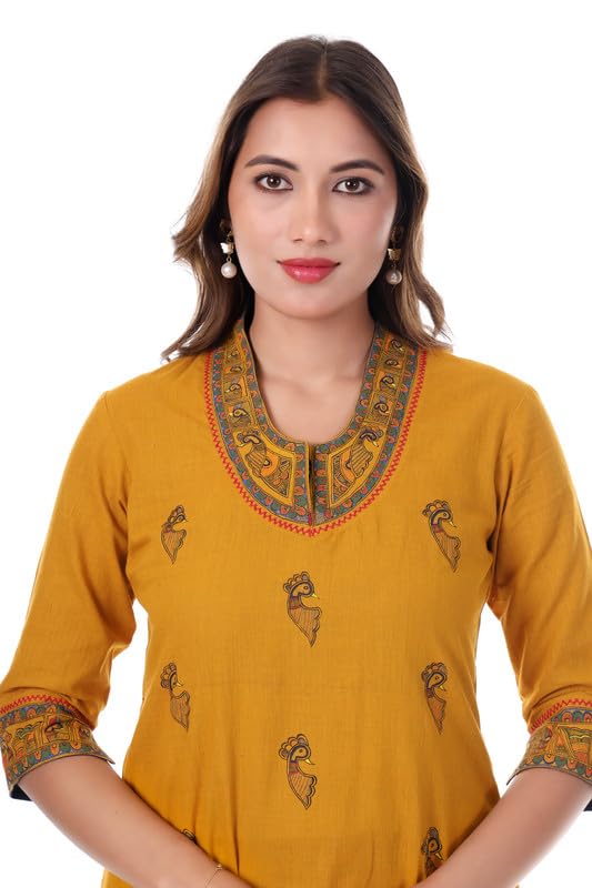 Women's Premium Handcrafted Pure Cotton Kurti with Traditional Madhubani Art – Mustard Yellow Ethnic Wear main image