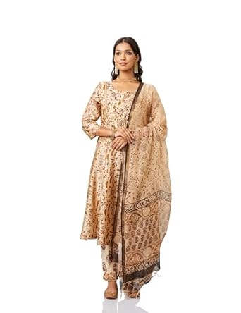 Women's Silk Chanderi Handblock Printed Authentic Kurta Set with Dupatta (Anarkali | Bagru Print) gallery image