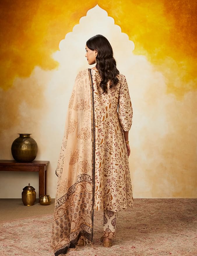 Women's Silk Chanderi Handblock Printed Authentic Kurta Set with Dupatta (Anarkali | Bagru Print) gallery image