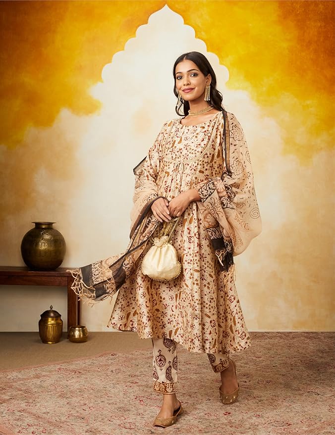 Women's Silk Chanderi Handblock Printed Authentic Kurta Set with Dupatta (Anarkali | Bagru Print) gallery image
