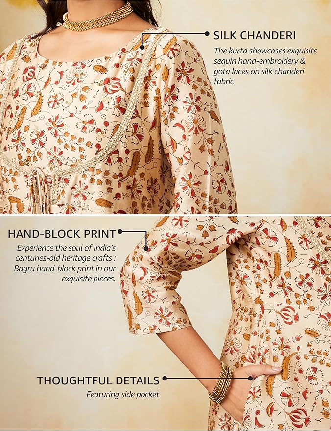 Women's Silk Chanderi Handblock Printed Authentic Kurta Set with Dupatta (Anarkali | Bagru Print) gallery image