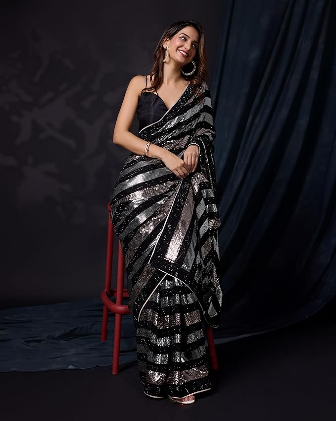 Women's Silk Sequins Work Saree with Blouse Piece (K1111-Black-Wedding-Party) gallery image