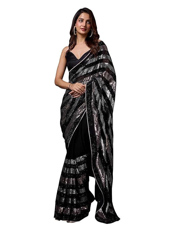 Women's Silk Sequins Work Saree with Blouse Piece (K1111-Black-Wedding-Party) gallery image