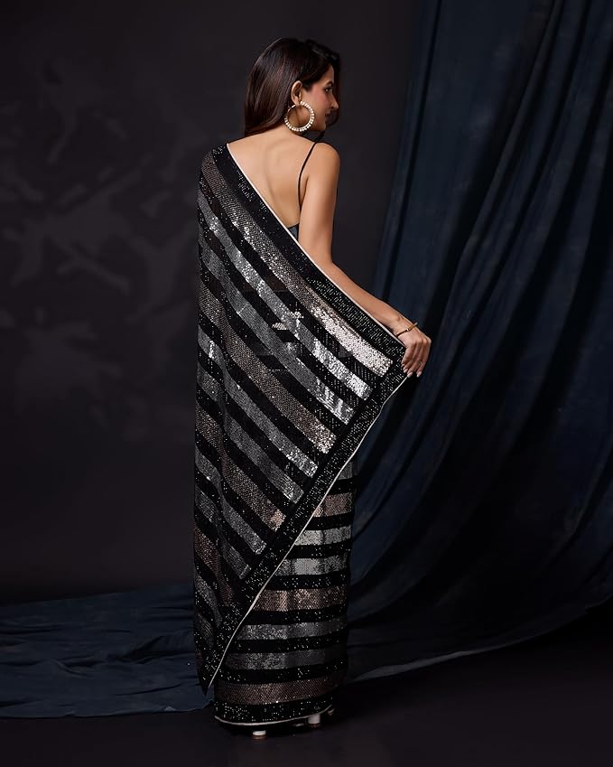 Women's Silk Sequins Work Saree with Blouse Piece (K1111-Black-Wedding-Party) gallery image