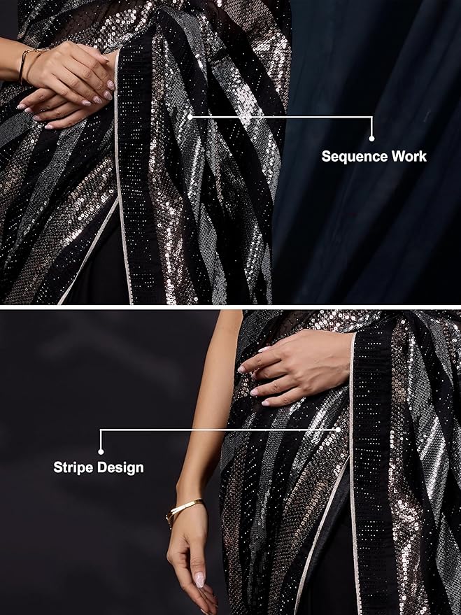 Women's Silk Sequins Work Saree with Blouse Piece (K1111-Black-Wedding-Party) gallery image