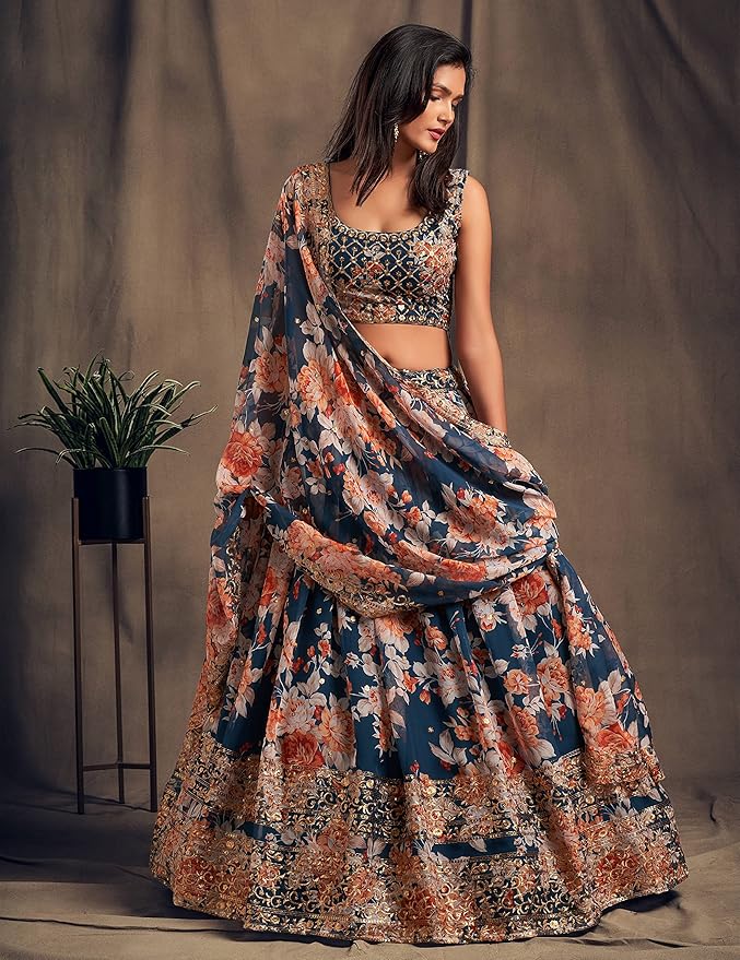 Zeel Clothing Women's Organza Floral White Semi-Stitched Lehenga Choli (7611-Wedding-Floral-Lehenga-Latest, White) gallery image